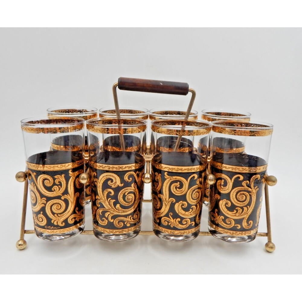 Culver Toledo Ebony Glassware Baroque Set 8 Highball Gold Black Tall Tumbler